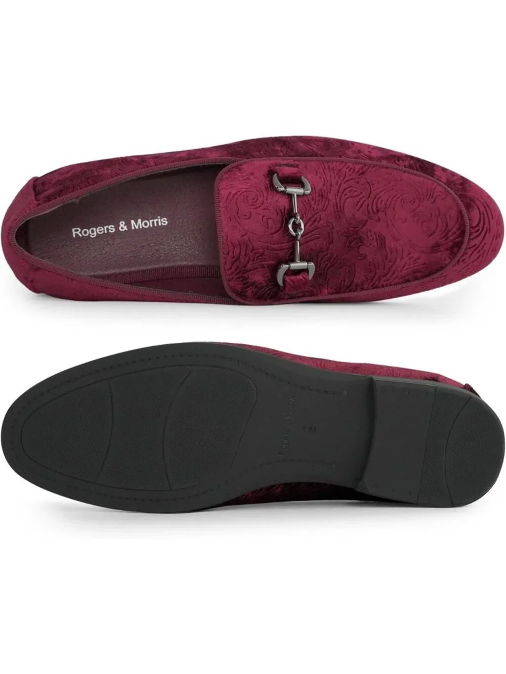 Rogers & Morris Men's Burgundy Velvet Loafers Metal Buckle Luxury Horsebit Shoes